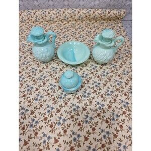 Avon Jadeite Moonwind Bubble Bath Bottle and‎ Powder Sachet Container Bowl Lot